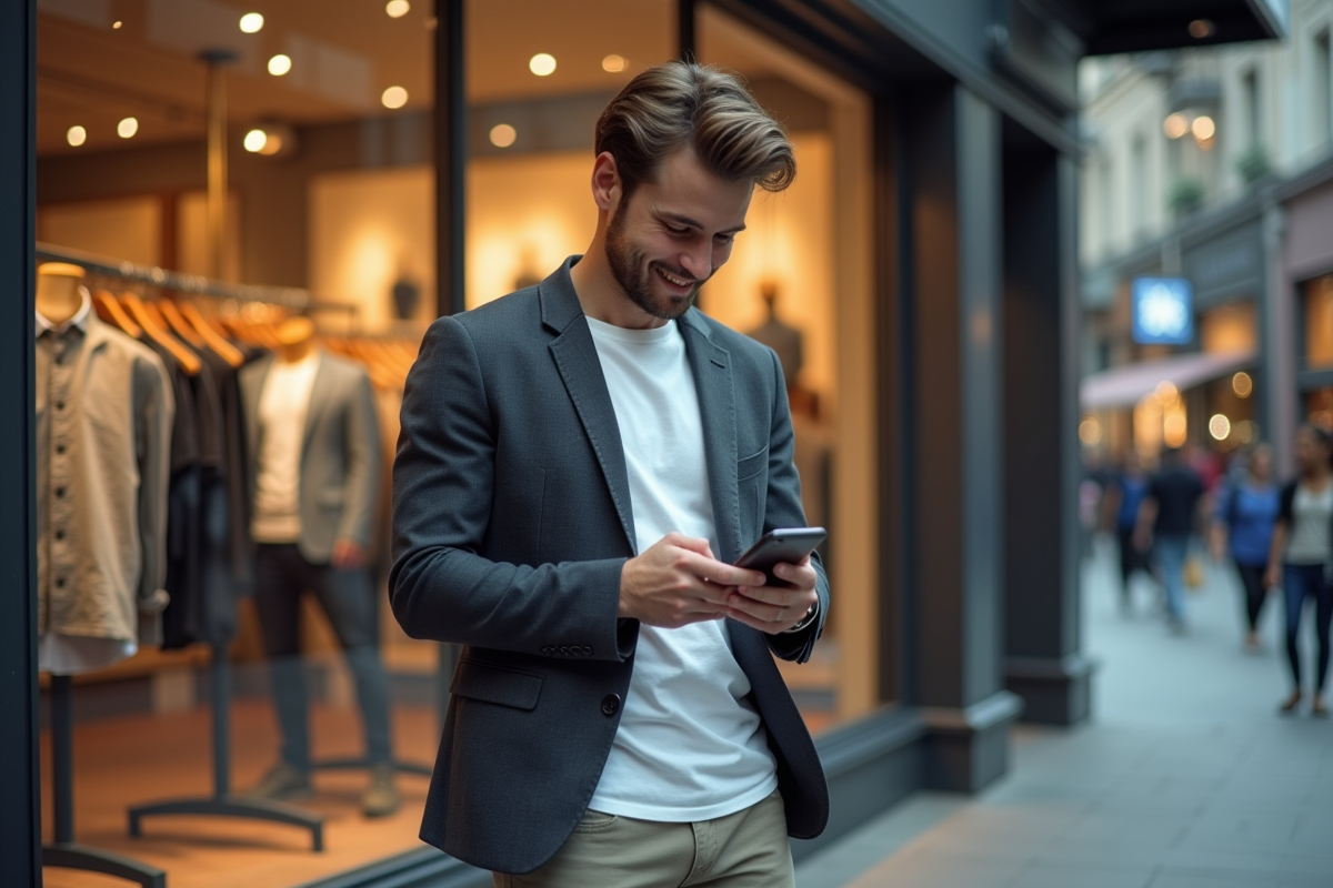 Jeune homme en blazer dans une rue commerçante urbaine
