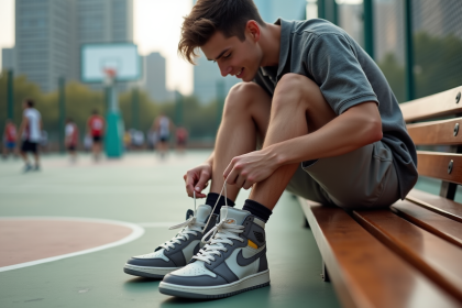 Jeune homme en streetwear nouant ses sneakers blanches