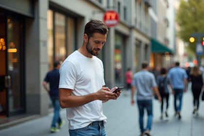 Jeune homme en jeans et T-shirt blanc dans la rue