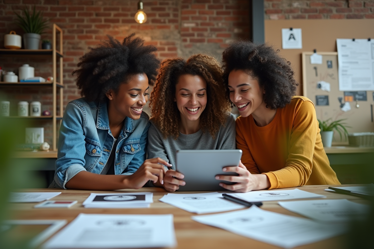 Trois jeunes travaillant sur prototypes dans un studio créatif