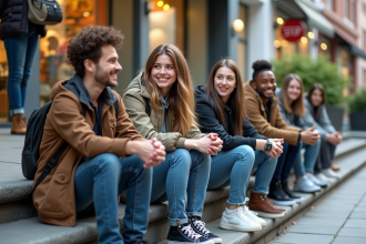 Groupe de jeunes dans un quartier moderne en ville
