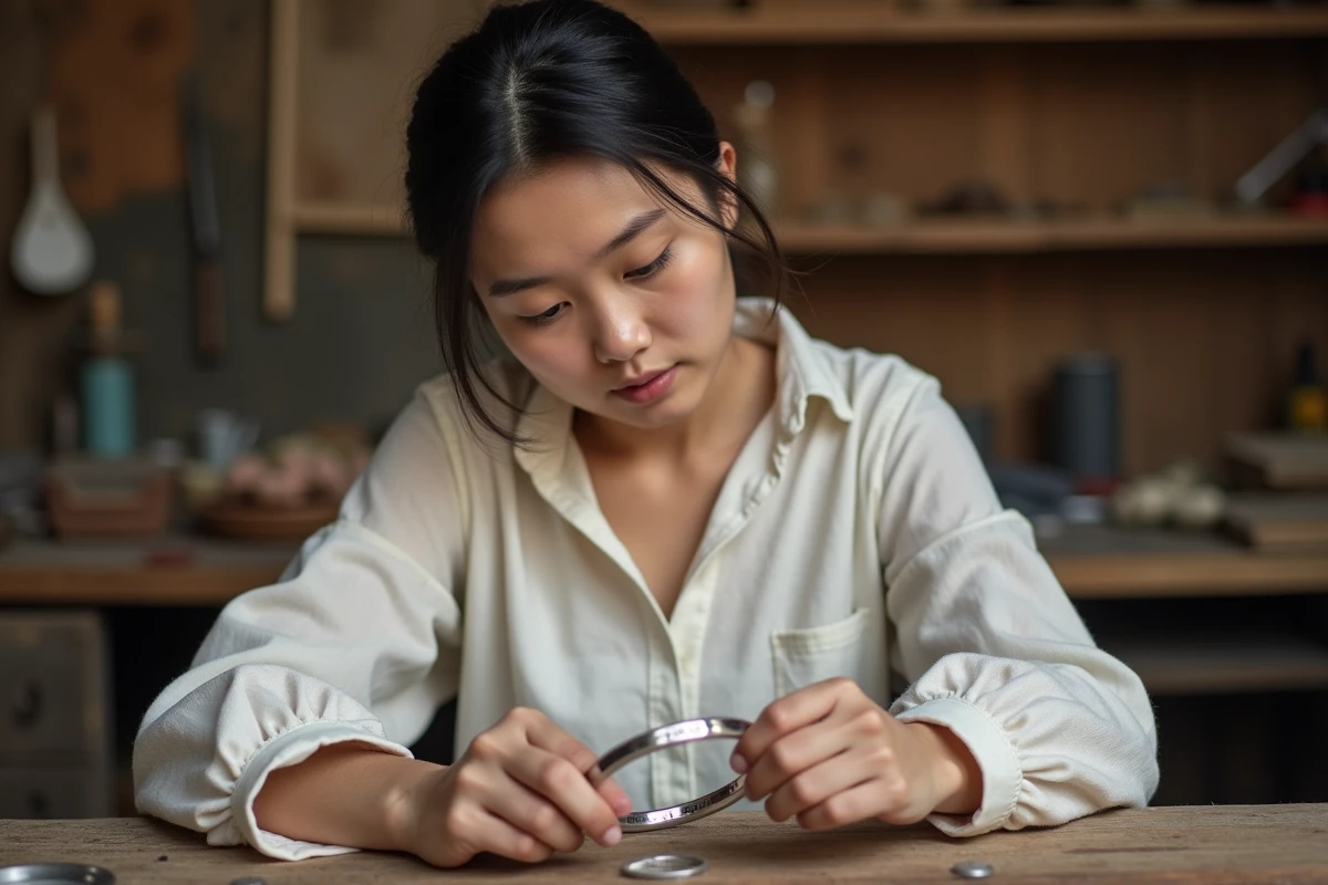 Jeune femme examinant un jonc en argent personnalisé dans un atelier de bijouterie artisanale