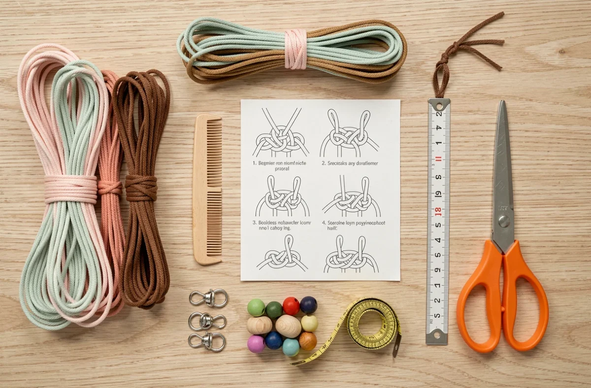Vue du dessus d'un kit complet de bracelet macramé pour débutant avec cordes, perles, instructions et accessoires sur fond bois