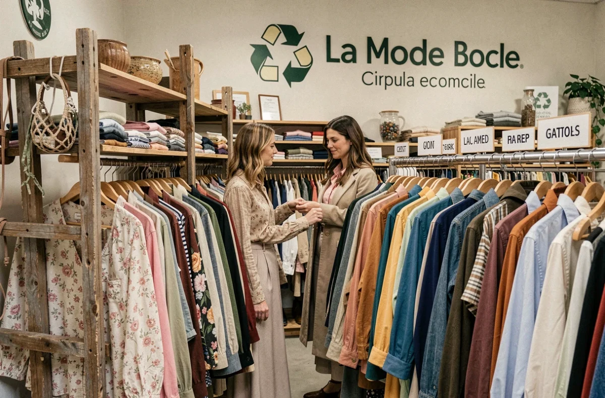 Intérieur de La Mode en Boucle avec des présentoirs upcyclés, des rails de vêtements d'occasion classés par époque et une cliente parcourant les blouses