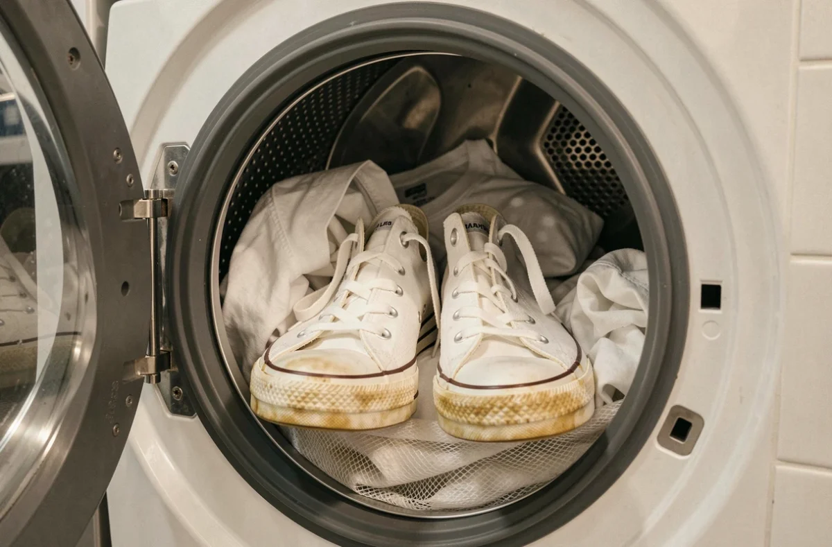 Baskets Converse blanches placées dans un tambour de machine à laver avec un filet de protection pour un lavage délicat