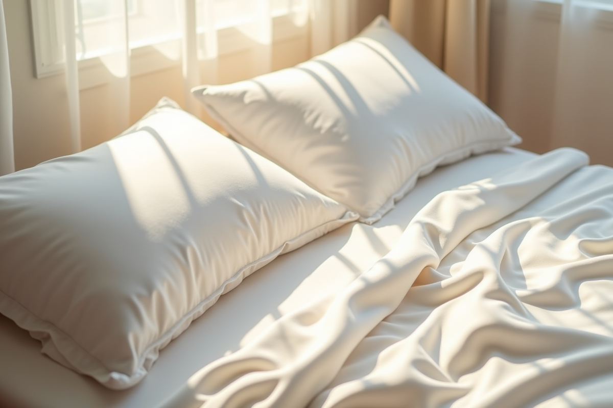 Linge de lit en soie brillant sur un lit ensoleille