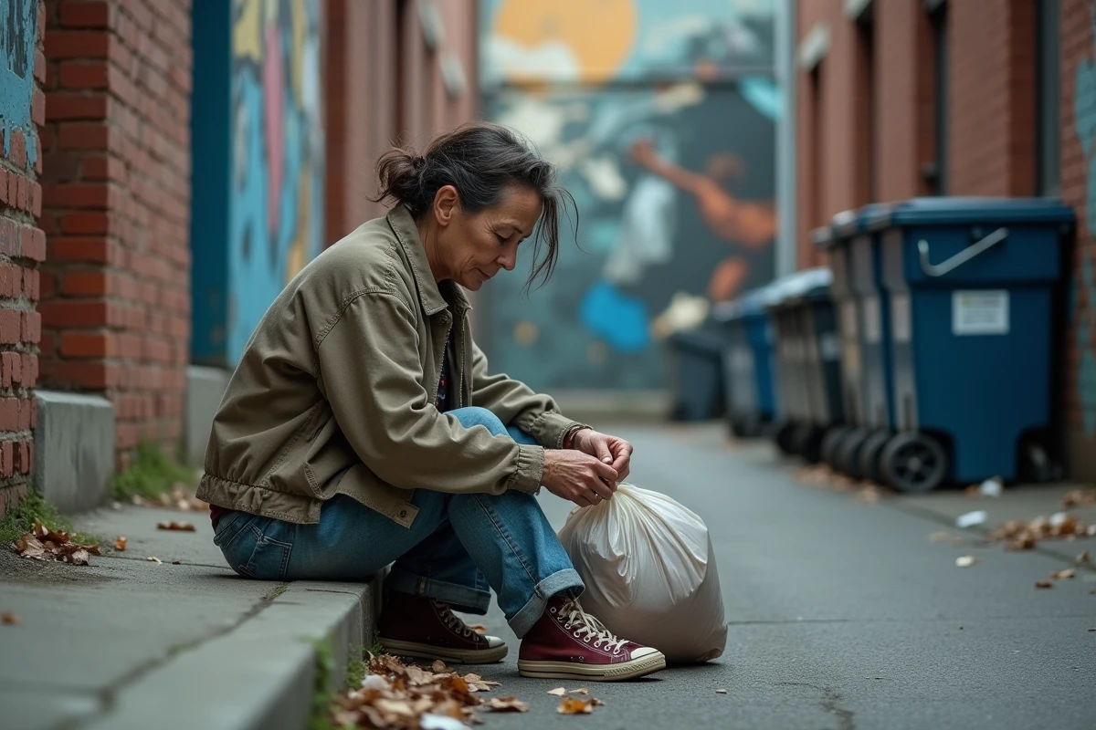 Portrait d'une femme sans domicile fixe assise dans une ruelle urbaine, représentant la réalité difficile de la vie dans la rue similaire à celle de Loni Willison