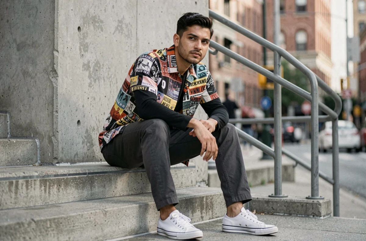 Homme en chemise graphique streetwear layerisée sur un t-shirt noir basique et chino gris, assis sur des escaliers urbains en béton