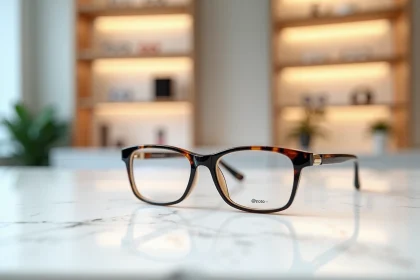 Lunette de vue rectangulaire en acétate de haute qualité posée sur un comptoir en marbre blanc dans une boutique d'optique