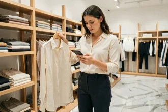 Femme en magasin d'habillement comparant un vêtement physique avec une application shopping sur smartphone