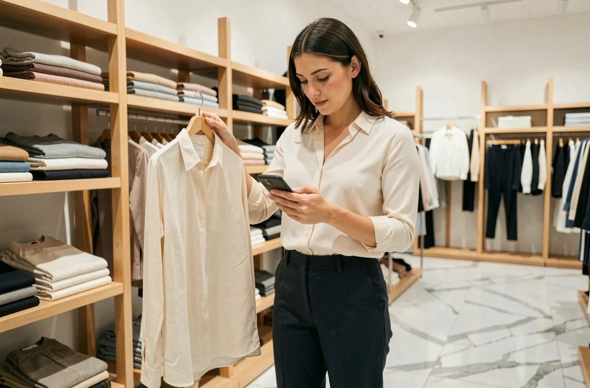 Femme en magasin d'habillement comparant un vêtement physique avec une application shopping sur smartphone