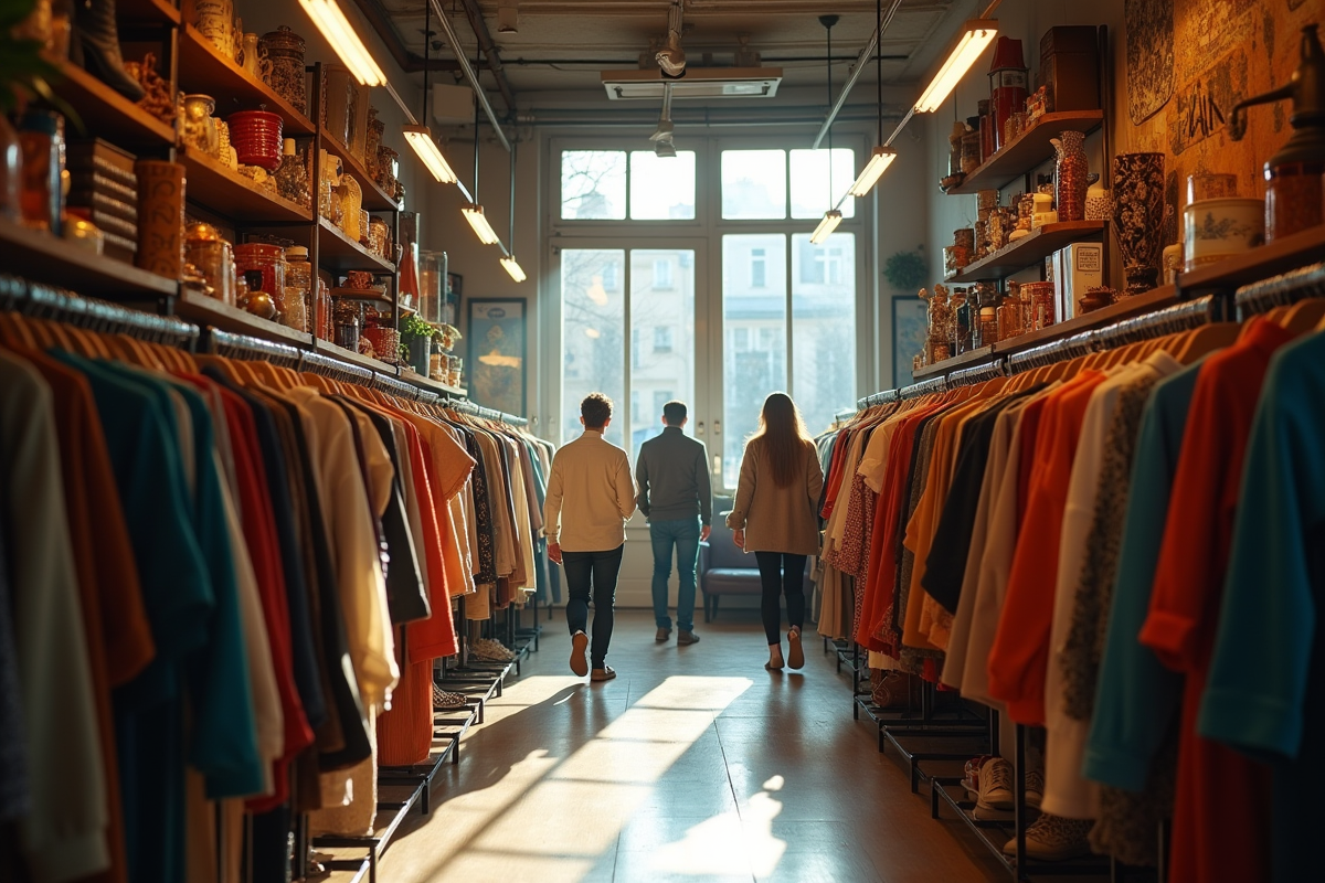 Intérieur d'un magasin vintage à Paris avec vêtements colorés