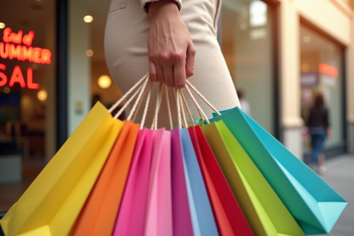 Main tenant plusieurs sacs colorés devant une boutique ensoleillée