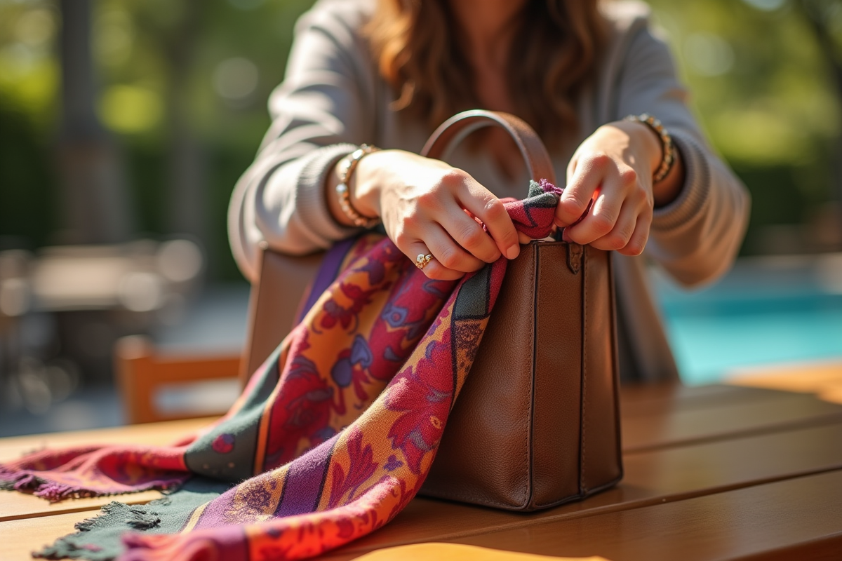 Mains attachant une echarpe colorée à un sac sur une table en bois
