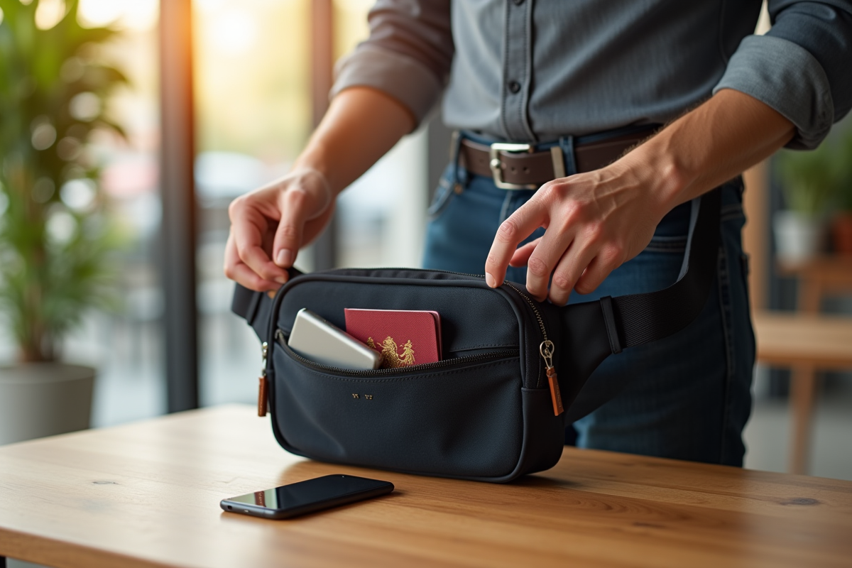 Mains organisant un sac banane sur une table en lumière naturelle