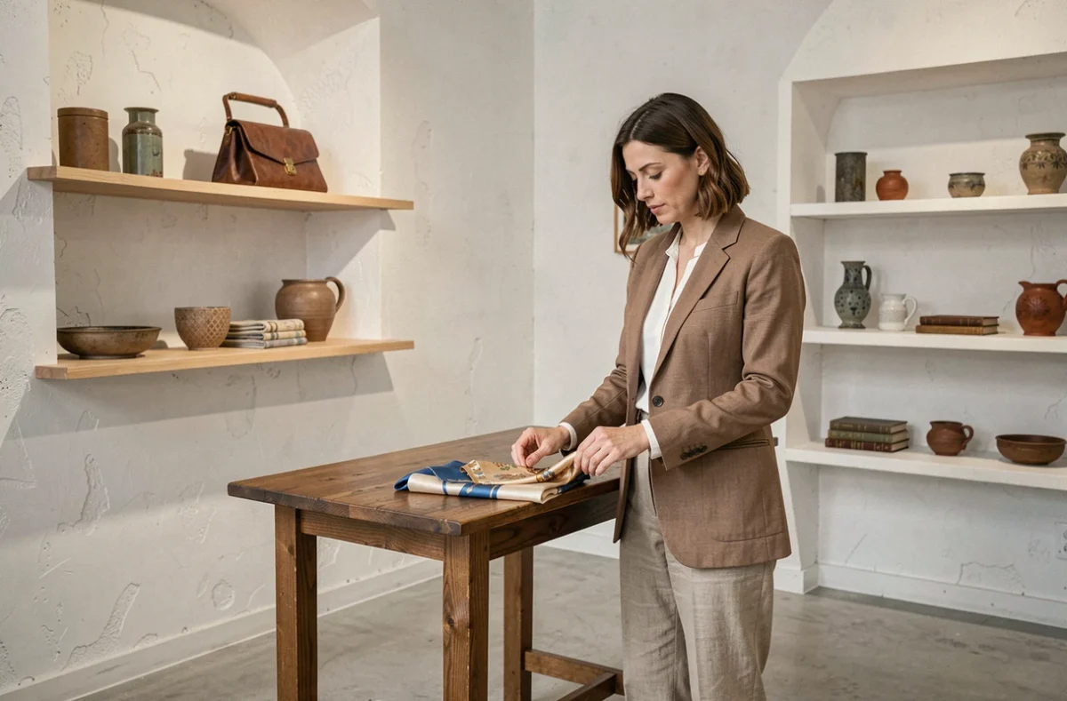 Intérieur épuré de la boutique Maison Mère avec des pièces vintage sélectionnées sur des étagères géométriques et une cliente examinant une écharpe en soie
