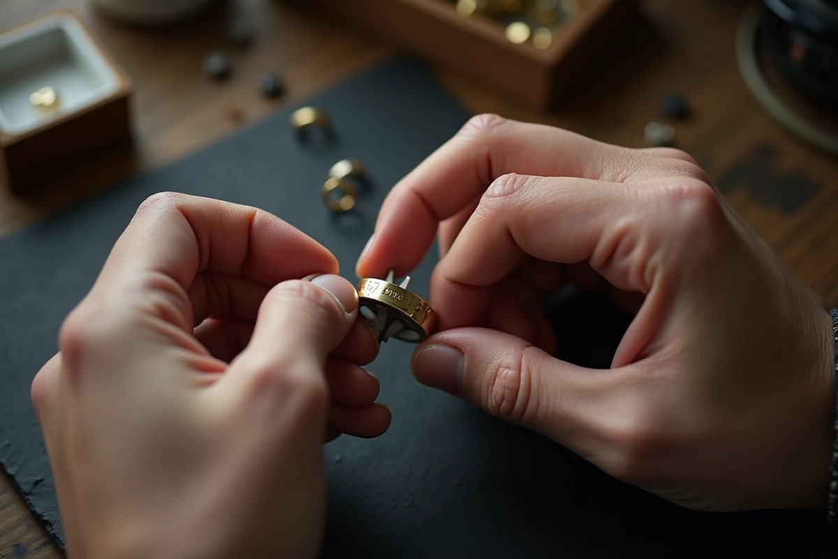 Mains utilisant un mandrin à bague gradué pour trouver la bonne taille de bague en or sur une surface en ardoise