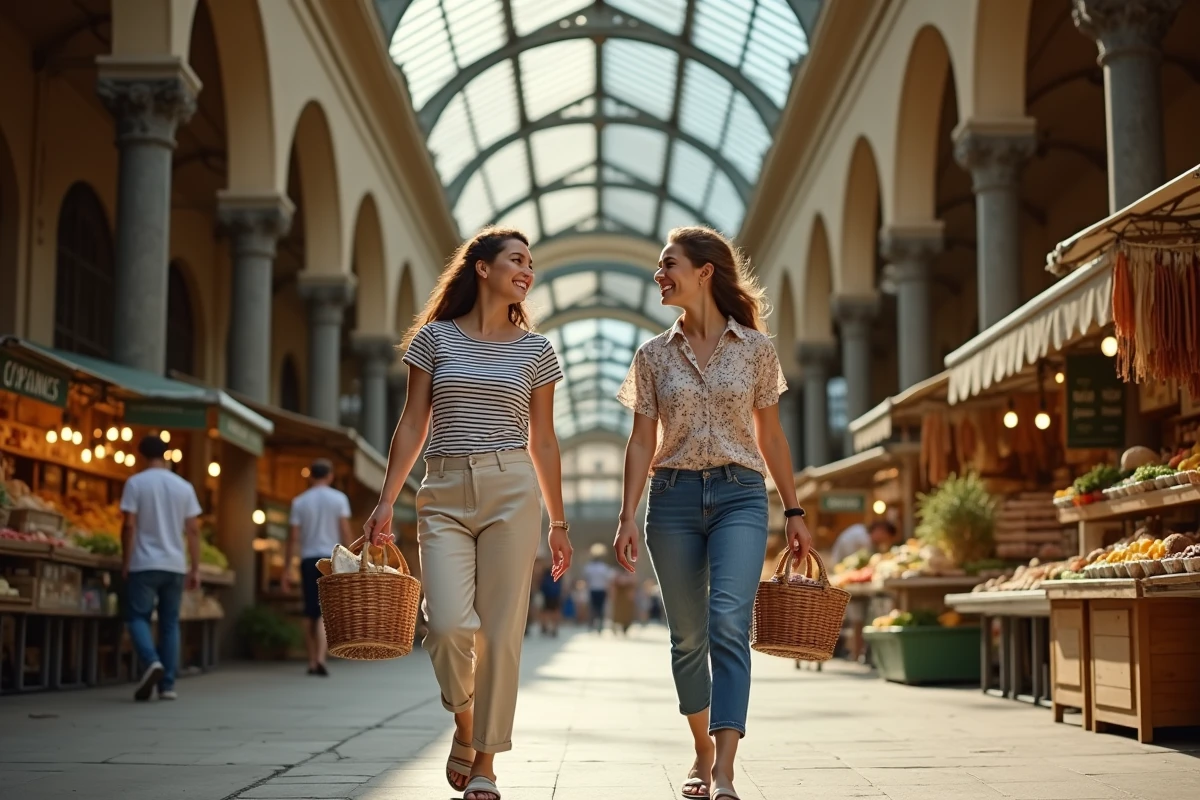 Deux femmes faisant leurs courses dans un marché couvert traditionnel de Marseille, portant des paniers en osier remplis de produits locaux provençaux