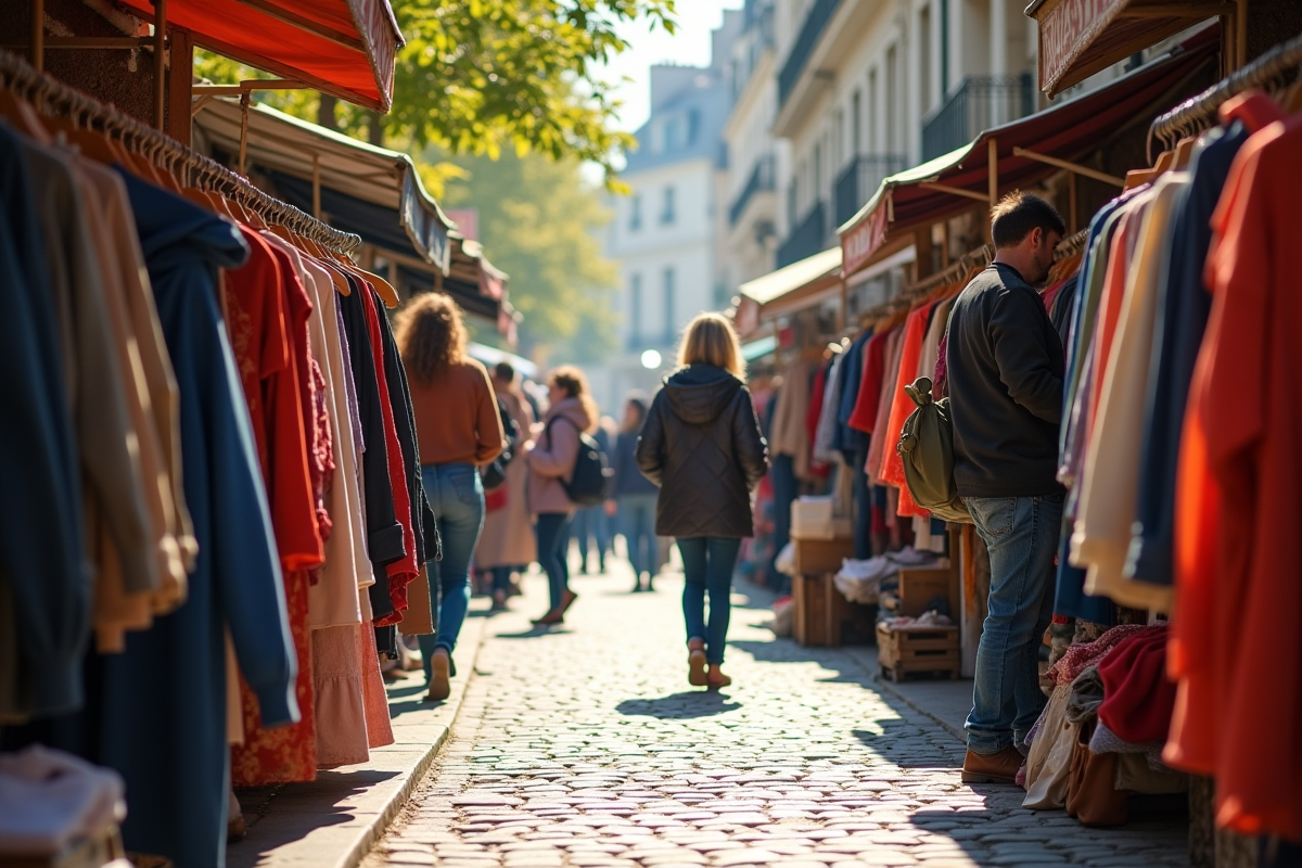 Marché parisien avec étals de vêtements d