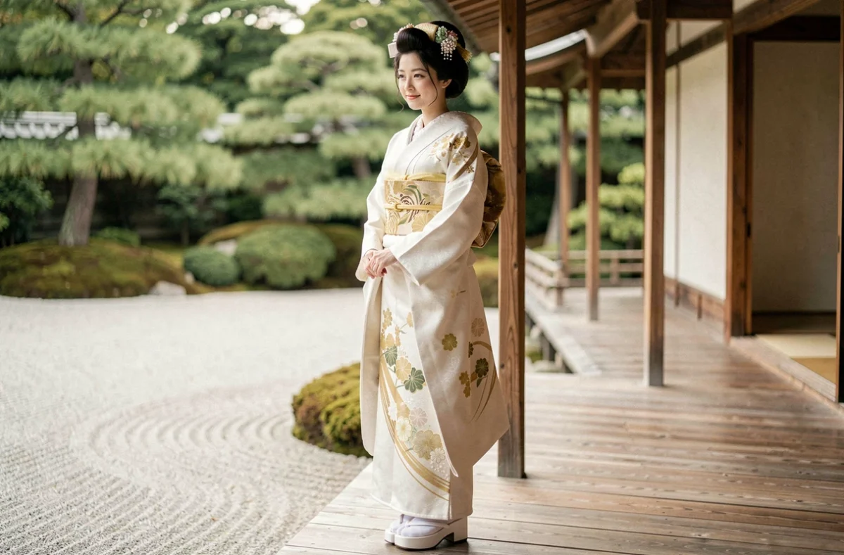 Mariée japonaise en kimono shiromuku blanc portant des geta laqués blancs sur une véranda en bois avec vue sur un jardin zen