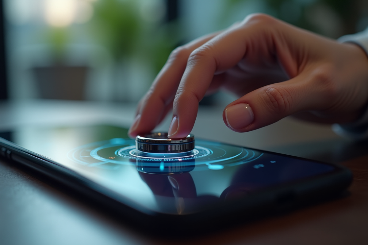 Gros plan d un smartphone avec doigt mesurant un anneau