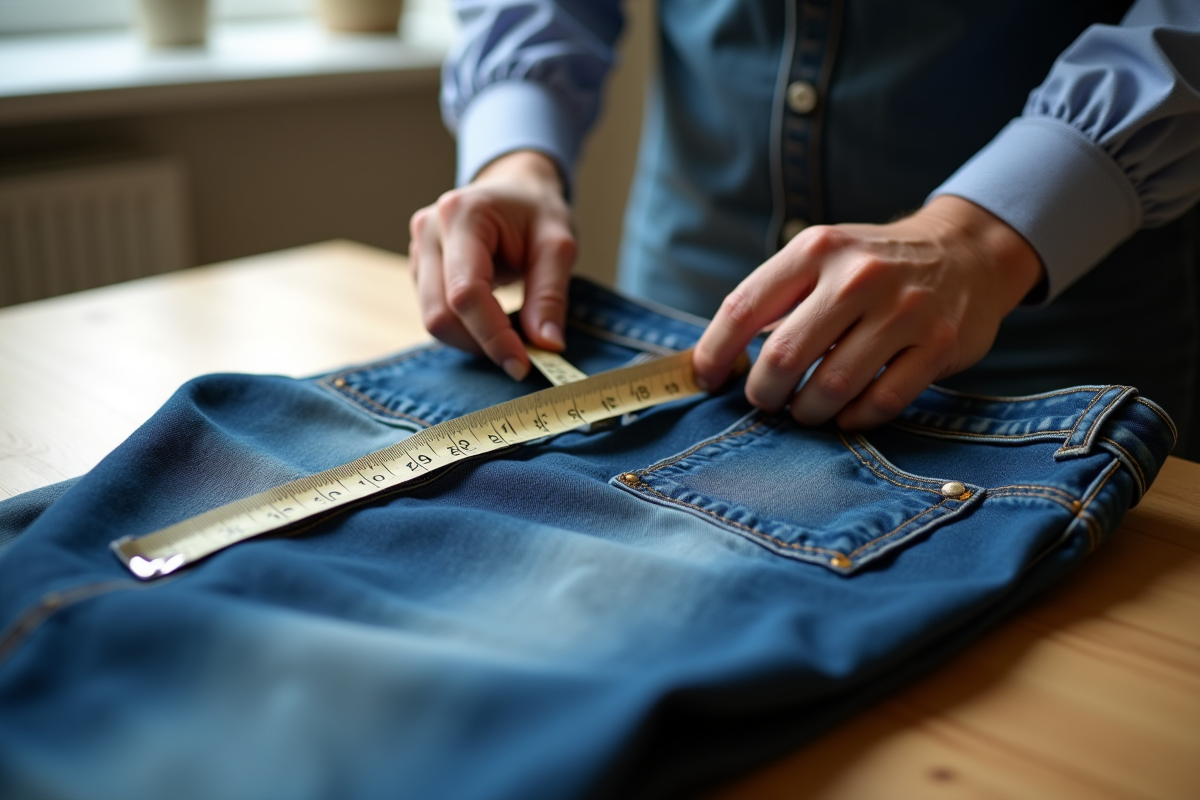 Personne mesurant la taille d'un jean avec un mètre ruban naturel
