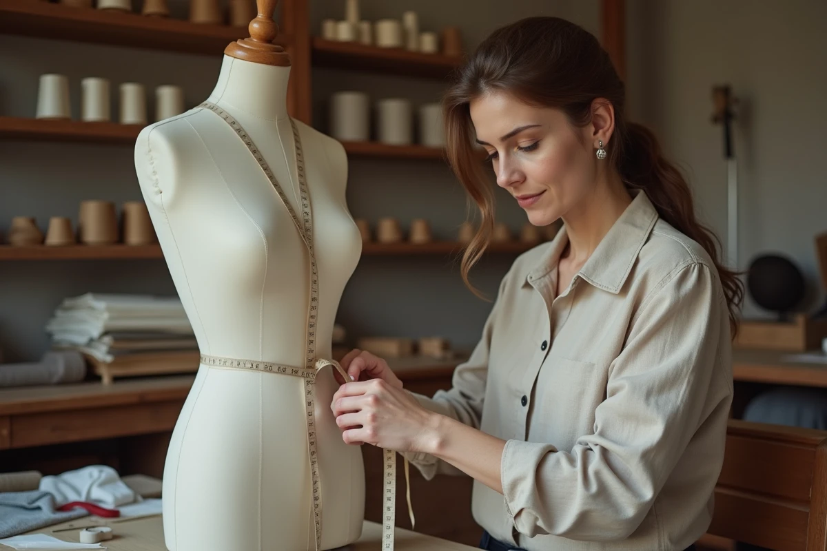 Femme mesurant la taille d'un mannequin poid avec un mètre ruban dans un atelier de couture avant un casting