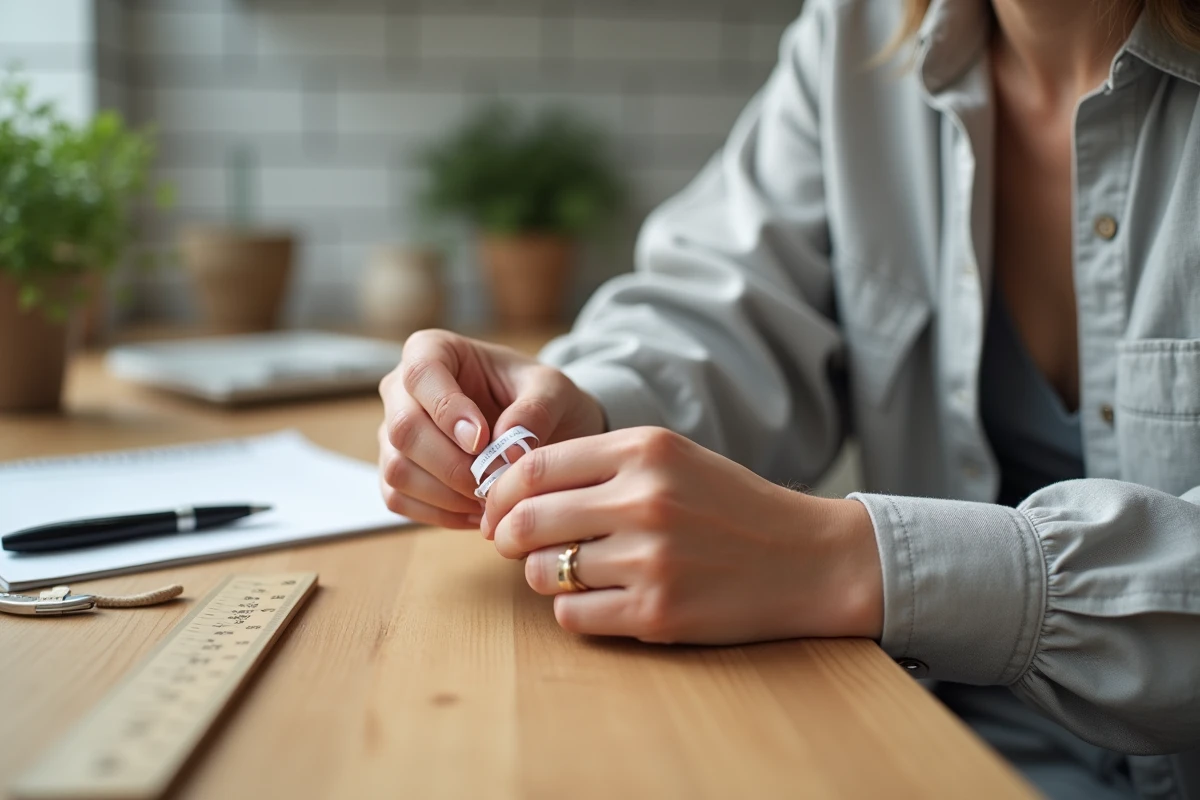 Femme mesurant son tour de doigt avec une bandelette de papier et une règle sur une table en bois