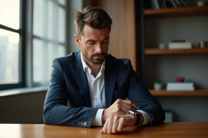 Homme en costume regardant sa montre dans un bureau &eacute;l&eacute;gant
