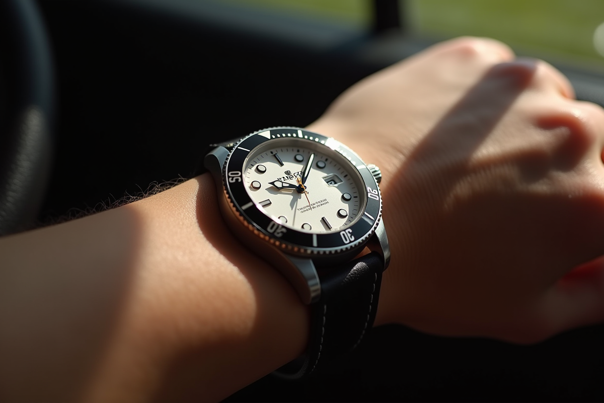 Zoom sur un poignet portant une montre classique au soleil