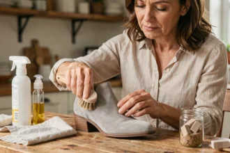 Femme nettoyant des bottines en daim gris clair avec une brosse douce sur une table en bois, entourée d'accessoires d'entretien du daim