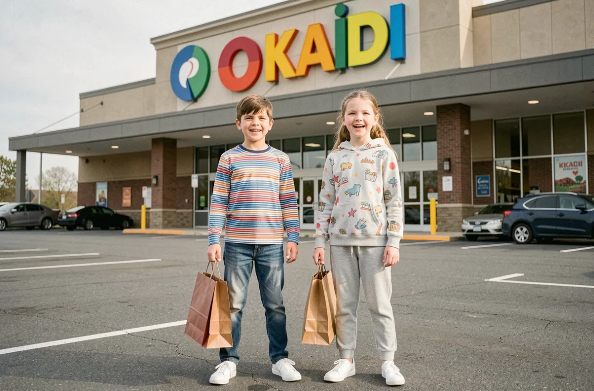 Deux enfants en tenues décontractées Okaïdi devant le magasin Grand Portet à Toulouse