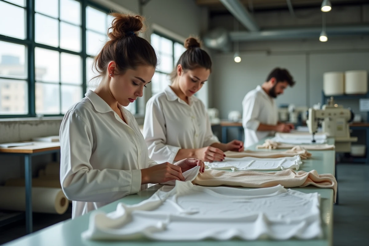 Travailleurs textiles cousant et inspectant des vêtements en atelier