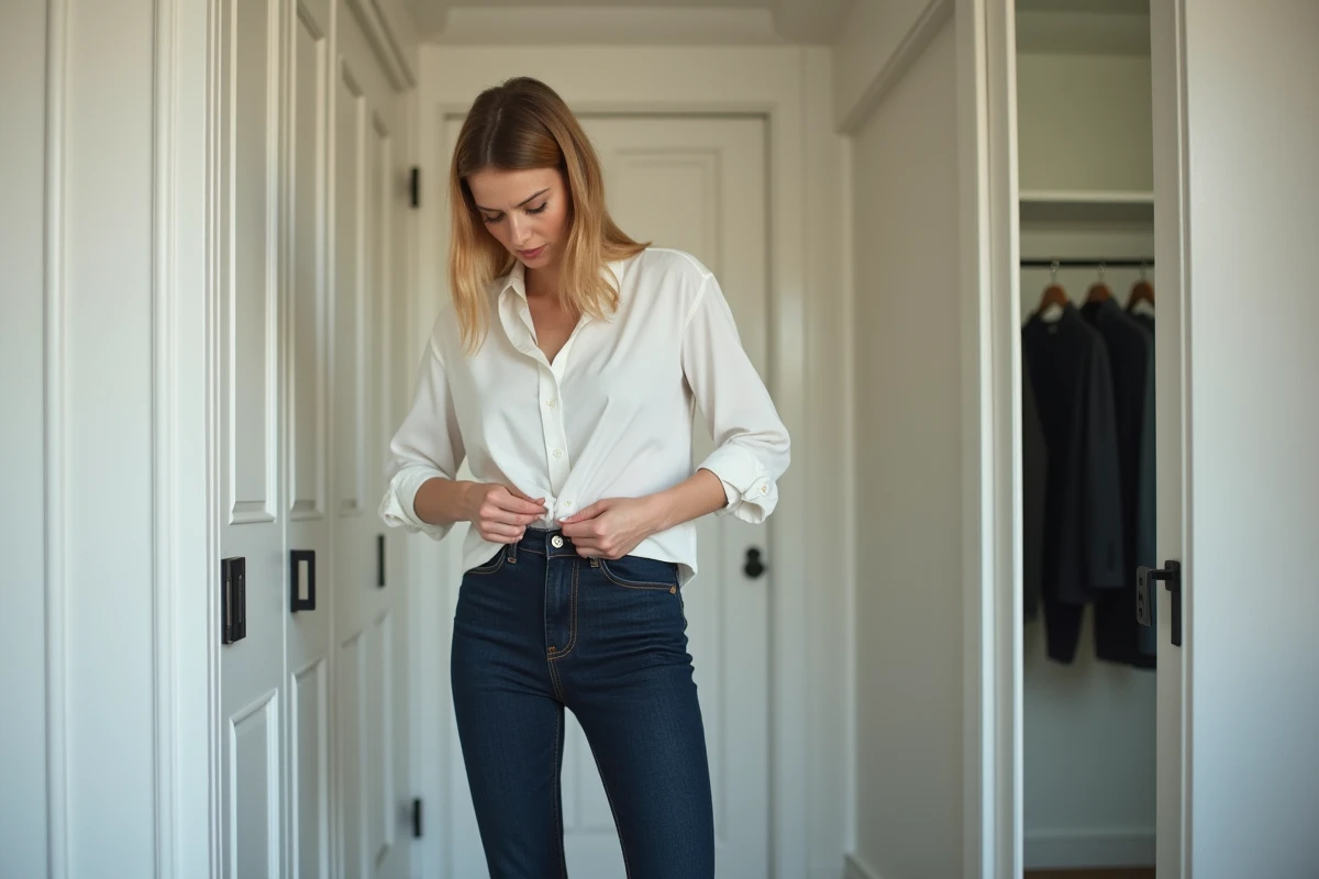 Femme ajustant un pantalon qui descend sur les hanches devant un miroir en pied