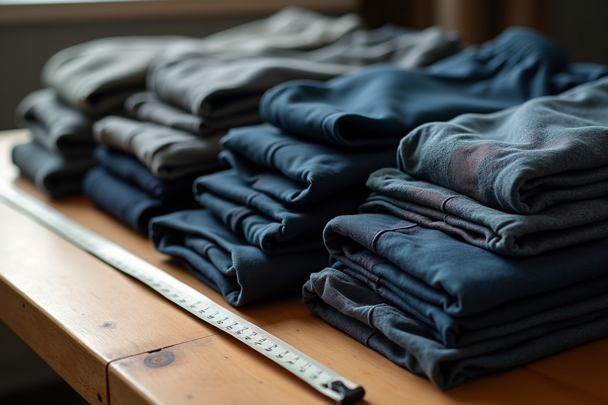 Pantalons XXL pour homme avec mètre ruban sur une table en bois