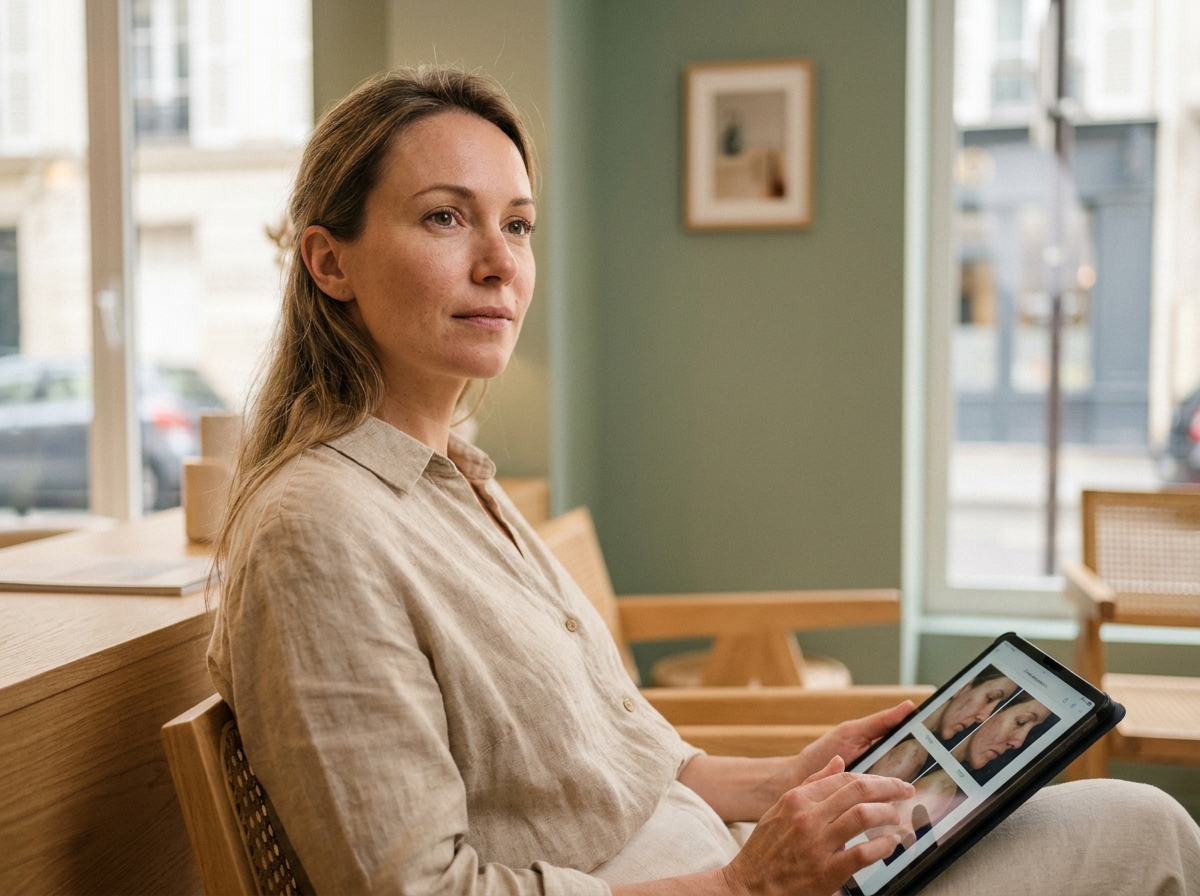 Patiente consultant des informations sur la chirurgie esthétique dans une salle d'attente de clinique parisienne moderne