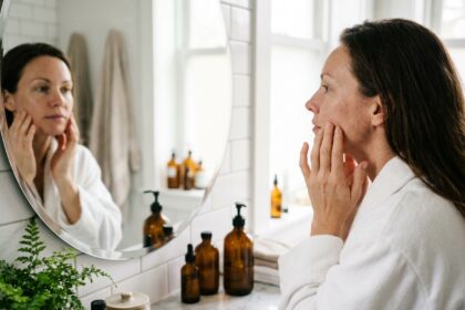 Femme aux traits fatigués examinant sa peau terne dans un miroir de salle de bain