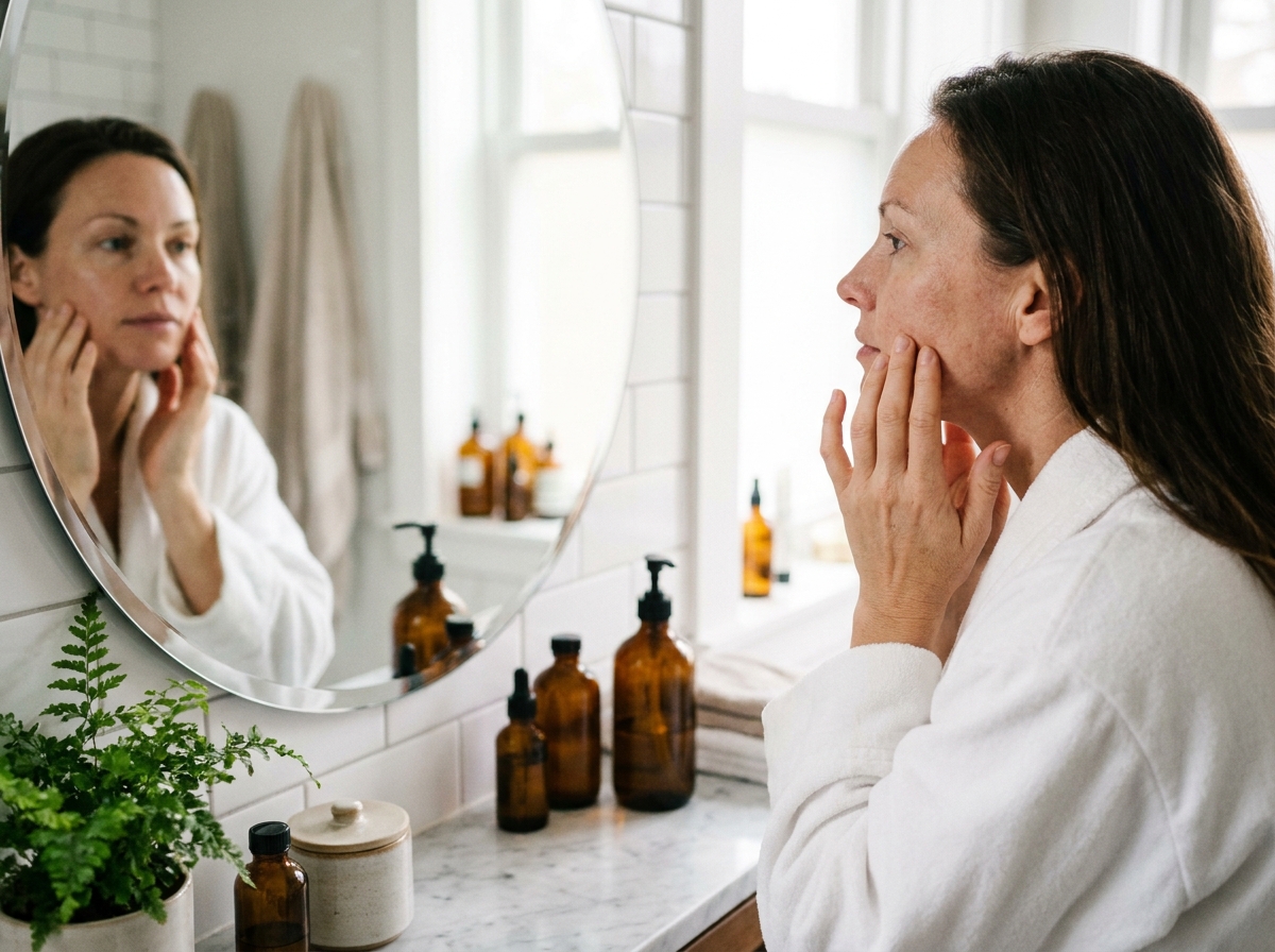 Femme aux traits fatigués examinant sa peau terne dans un miroir de salle de bain