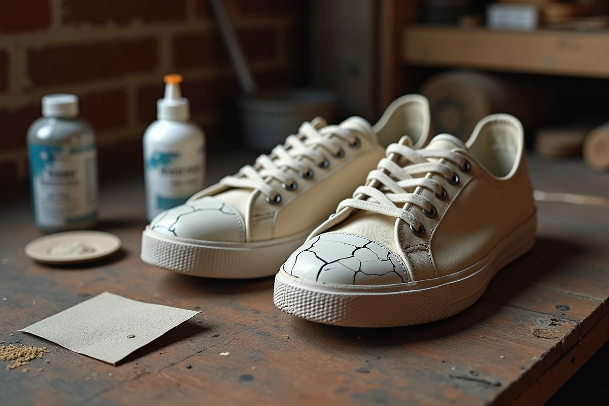 Gros plan sur une peinture craquelée sur des sneakers en toile avec produits de restauration posés à côté