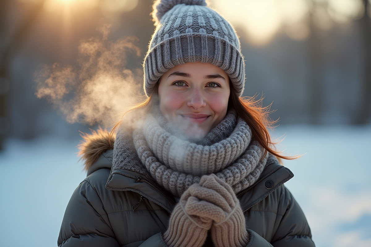 Personne en hiver avec vêtements chauds et souffle visible