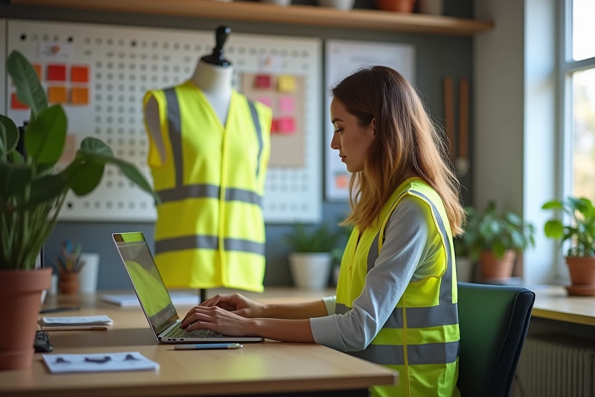Designer créant une personnalisation de gilet jaune pas cher sur ordinateur dans un bureau d'impression moderne