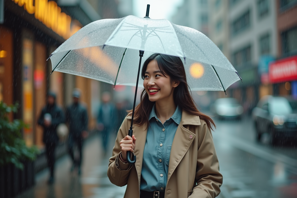 Personne souriante marchant sous la pluie avec un parapluie coloré
