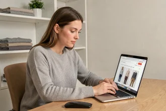 Femme passant sa première commande de vêtements sur un site d'habillement en ligne depuis un bureau en bois à domicile
