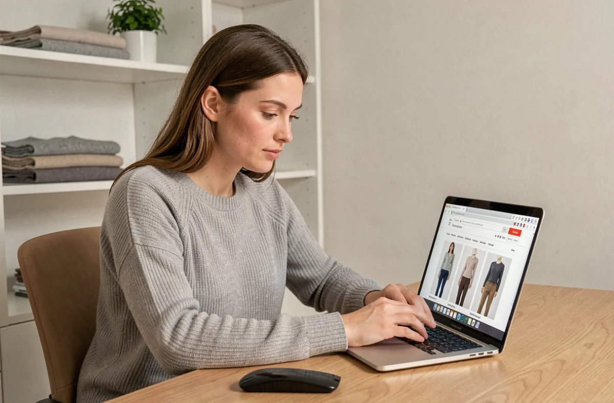 Femme passant sa première commande de vêtements sur un site d'habillement en ligne depuis un bureau en bois à domicile