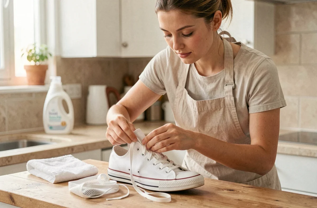Femme retirant les lacets de ses Converse blanches avant de les mettre en machine à laver pour un lavage protégé