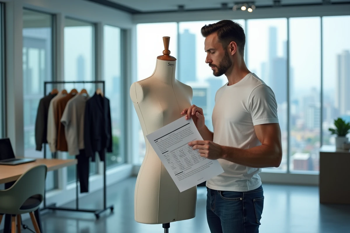 Homme épinglant un vêtement sur un mannequin poid réglable dans un studio de mode moderne, préparation casting professionnel