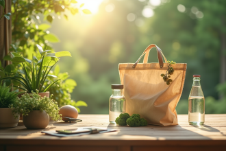 Produits écologiques en matériaux recyclés sur une table en bois ensoleillée