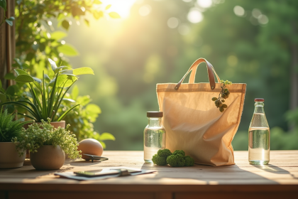 Produits écologiques en matériaux recyclés sur une table en bois ensoleillée