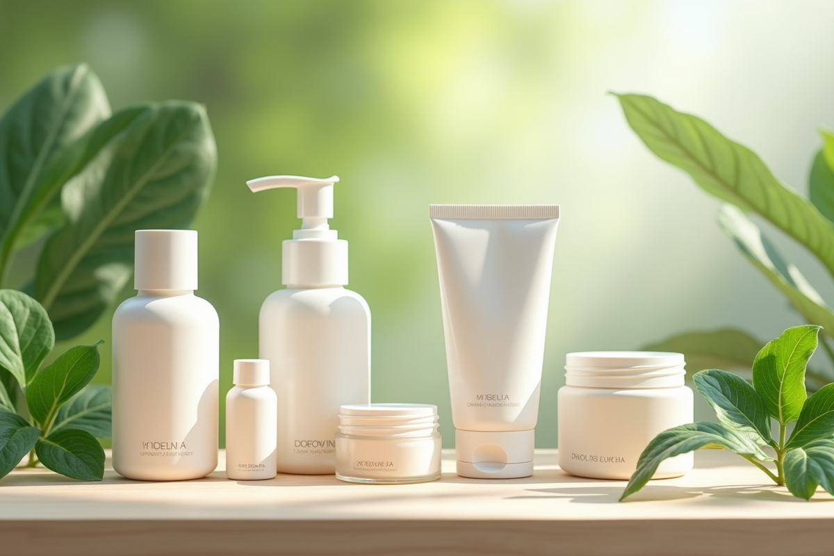 Produits de soin koreens sur table en bois avec feuilles vertes