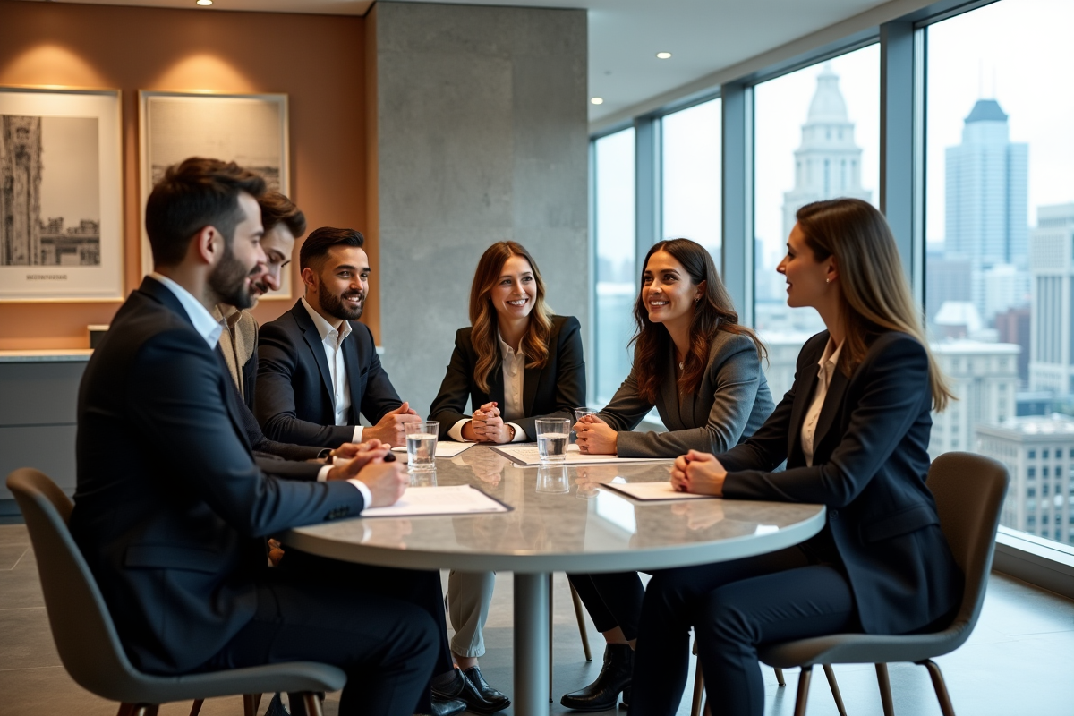 Groupe de professionnels en tenue élégante dans un bureau lumineux